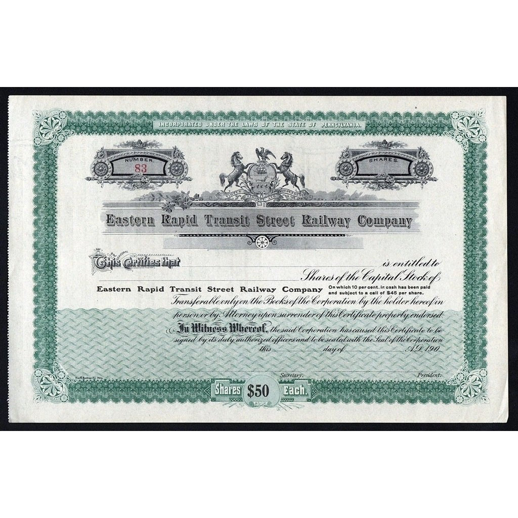 Eastern Rapid Transit Street Railway Company Pennsylvania Stock Certificate