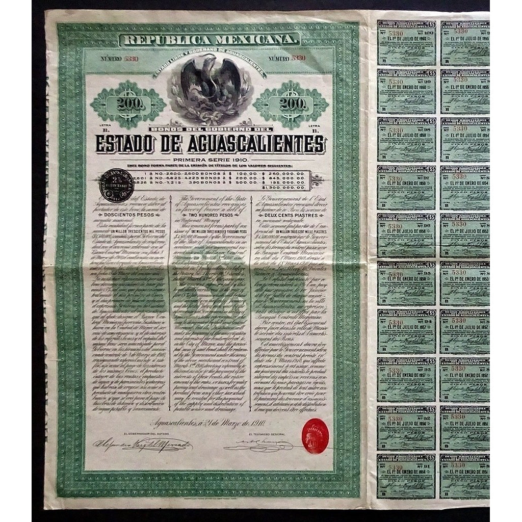 Republica Mexicana: Bonos del Gobierno del Estado de Aguascalientes 1910 Mexico Bond Certificate