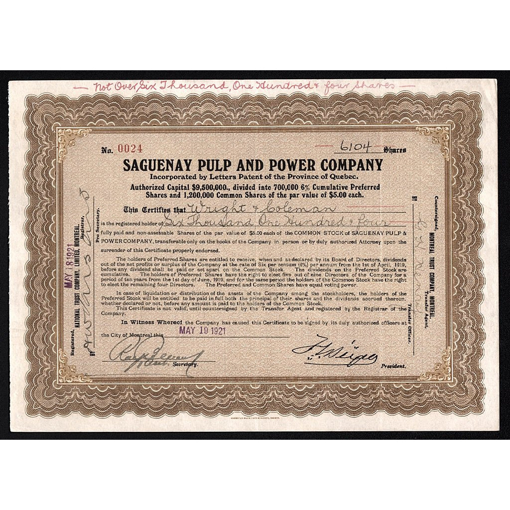 Saguenay Pulp and Power Company Quebec Canada Stock Certificate