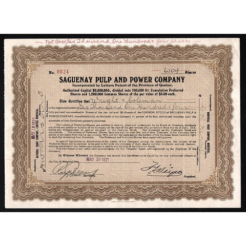 Saguenay Pulp and Power Company Quebec Canada Stock Certificate