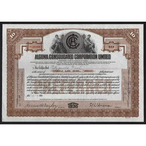 Algoma Consolidated Corporation Limited Canada Stock Certificate Railroad