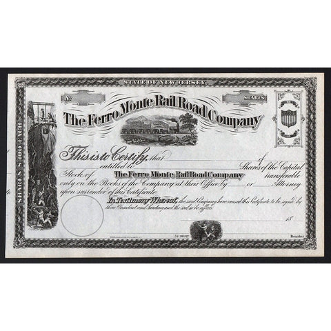 The Ferro Monte Rail Road Company New Jersey Stock Certificate Railroad