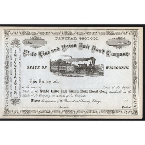 State Line and Union Rail Road Company Chicago Wisconsin Stock Certificate