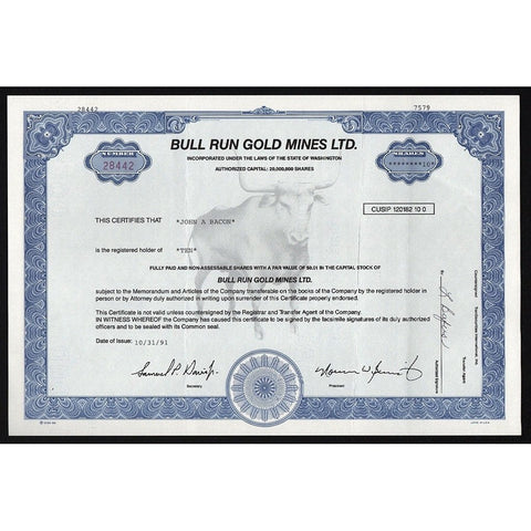 Bull Run Gold Mines Ltd. Washington Stock Certificate