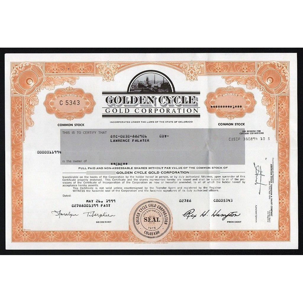 Golden Cycle Gold Corporation 1999 Colorado Stock Certificate