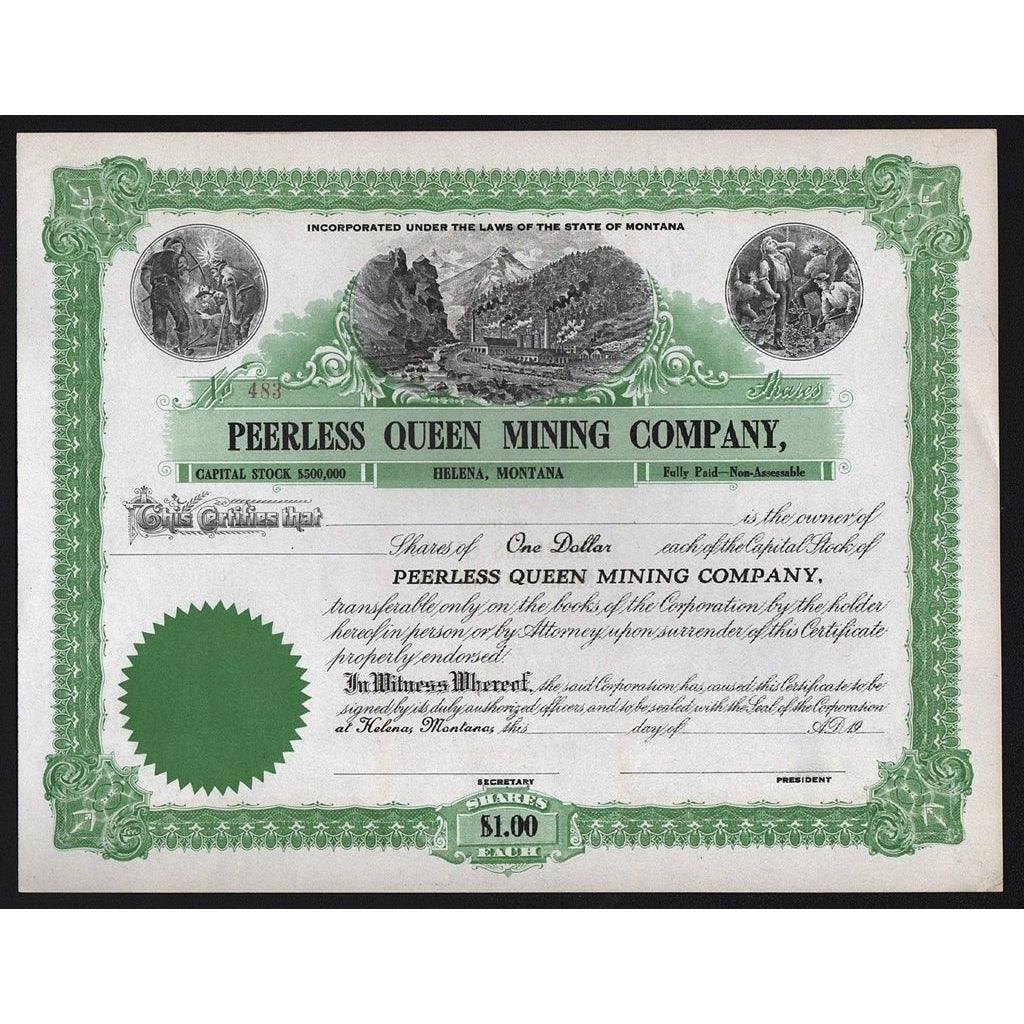 Peerless Queen Mining Company Montana Stock Certificate