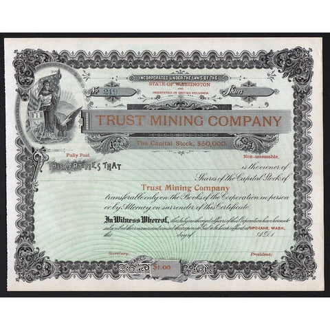 Trust Mining Company Washington British Columbia Stock Certificate