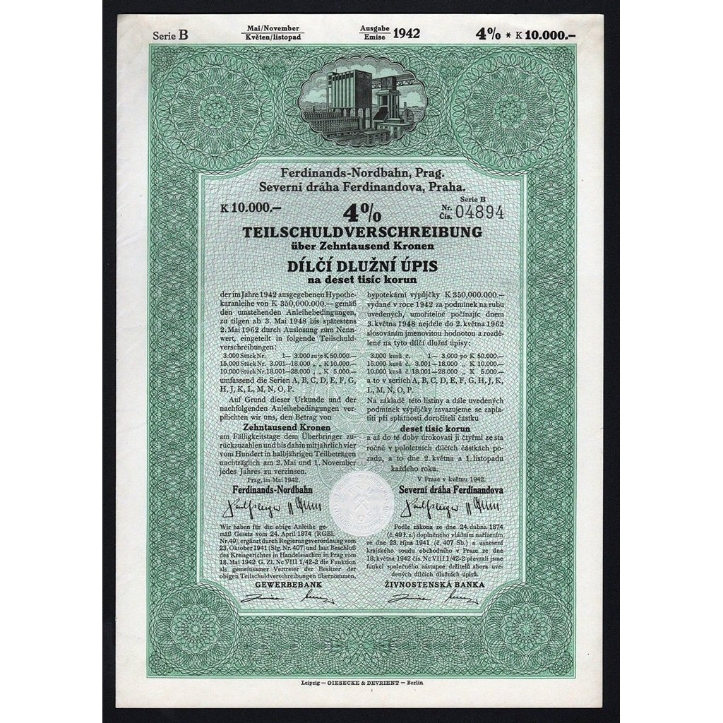 Ferdinands-Nordbahn, Prag é Severni draha Ferdinandova, Praha 1942 Prague Czech Republic Stock Certificate