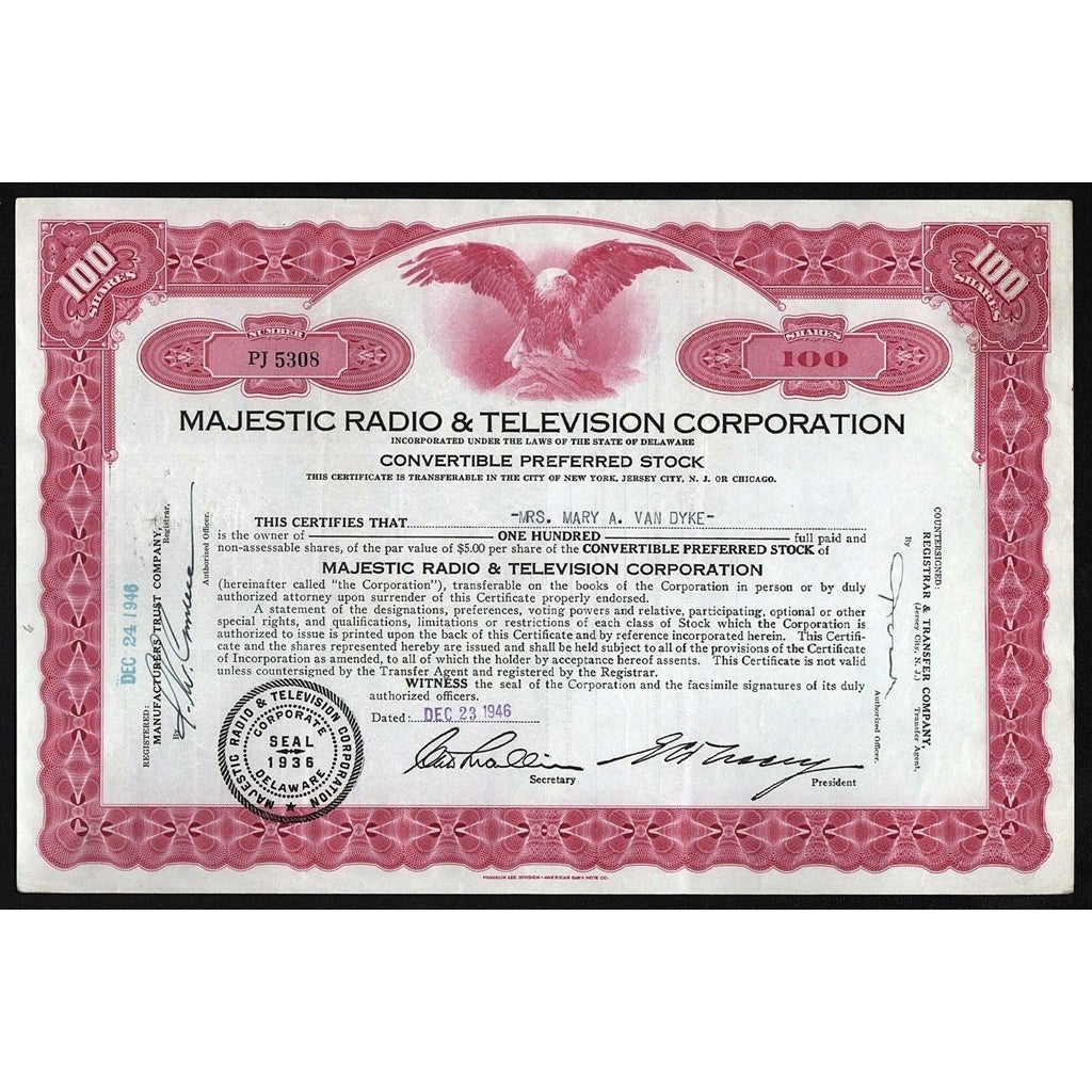 Majestic Radio & Television Corporation Stock Certificate