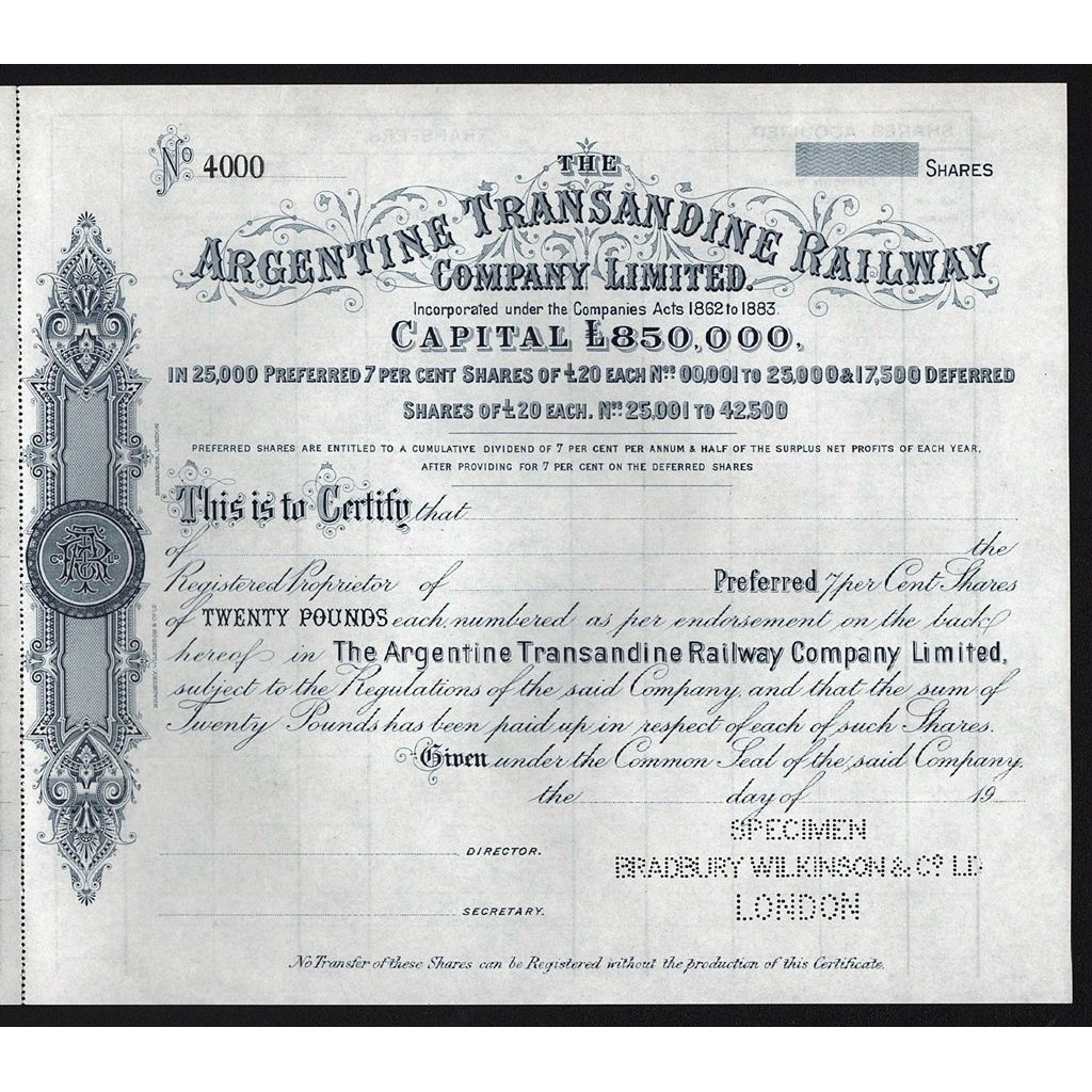 The Argentine Transandine Railway Company Limited Specimen Stock Certificate