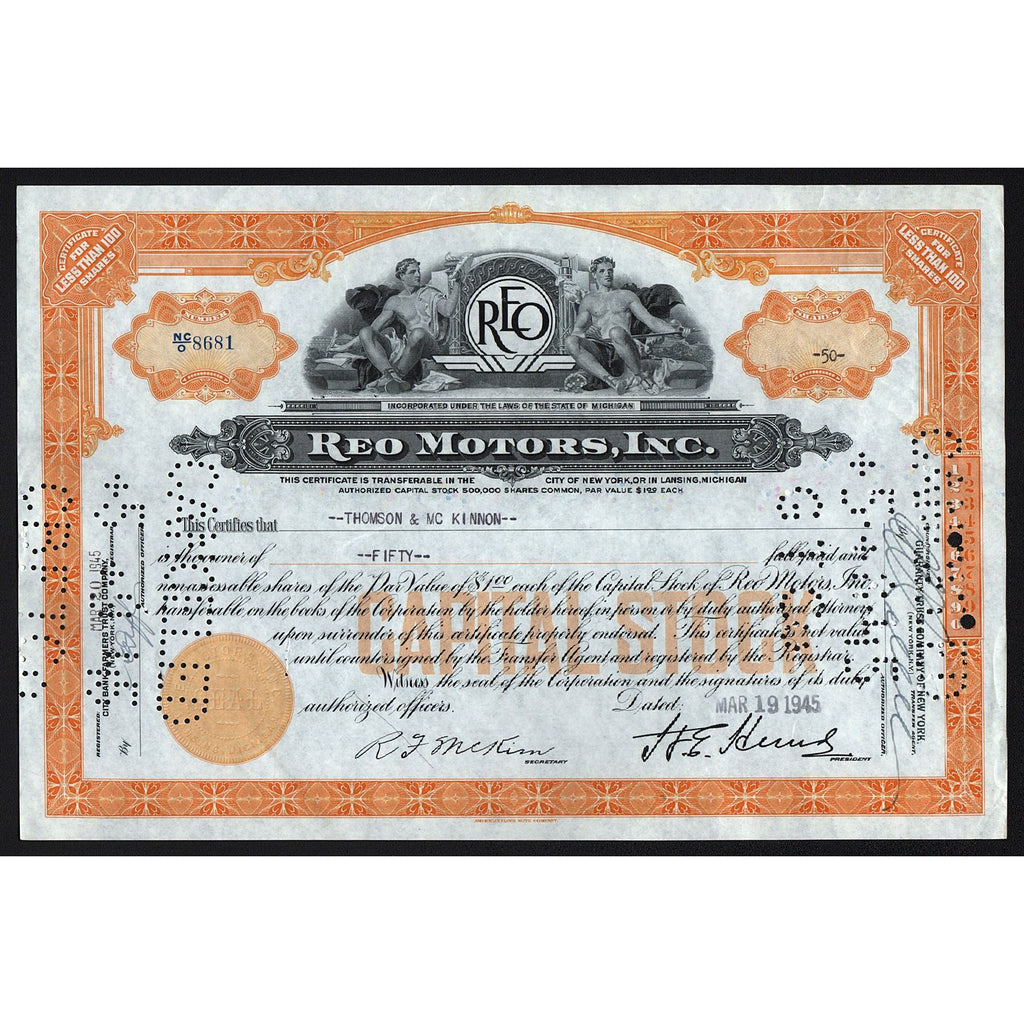 REO Motors, Inc. 1945 Michigan Stock Certificate