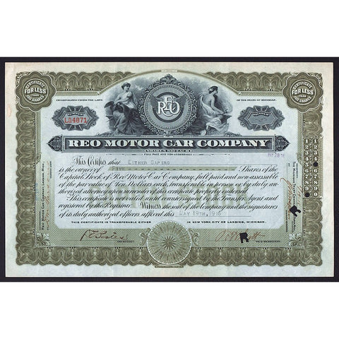 REO Motor Car Company 1916 Michigan Stock Certificate