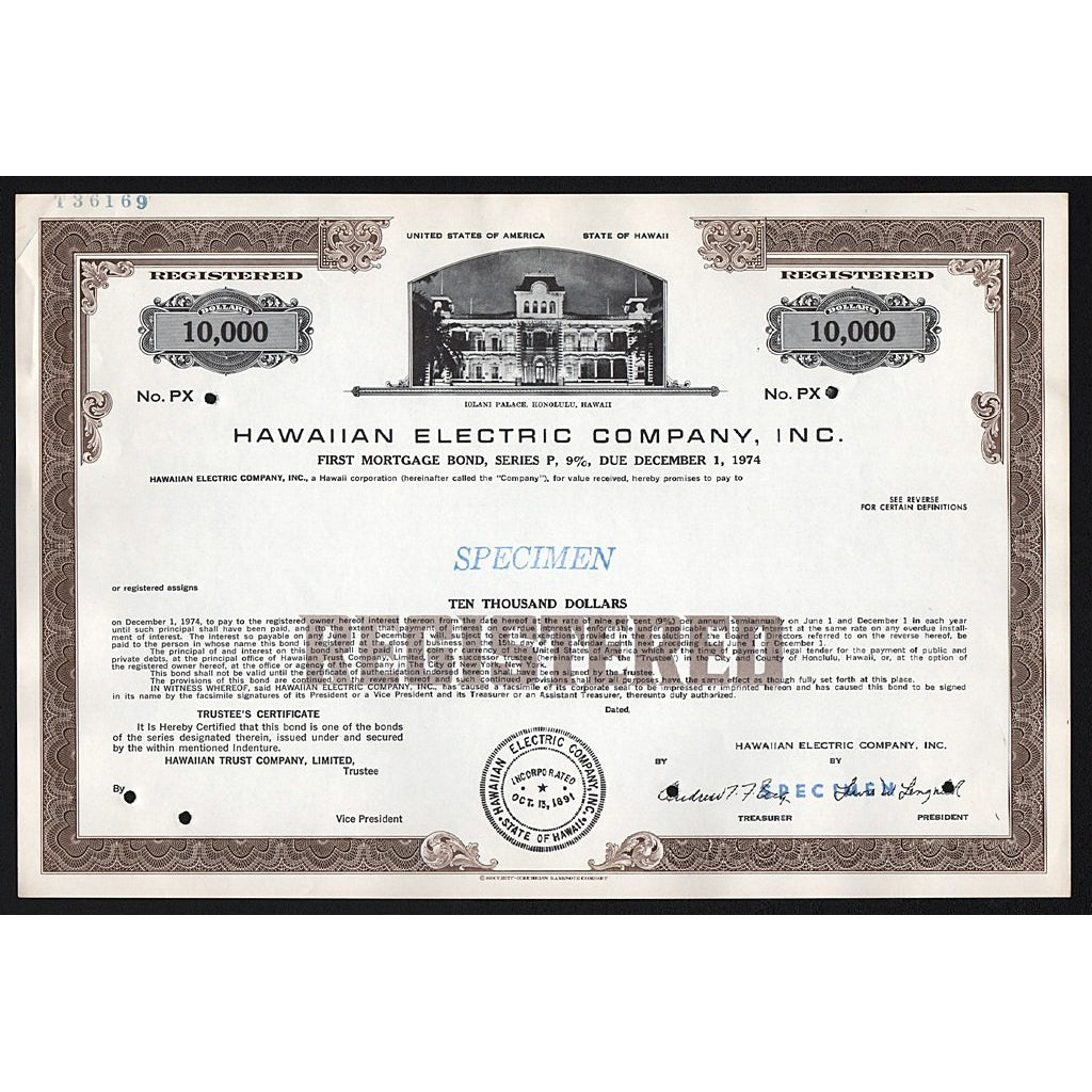Hawaiian Electric Company, Inc. (Specimen) Stock Bond Certificate