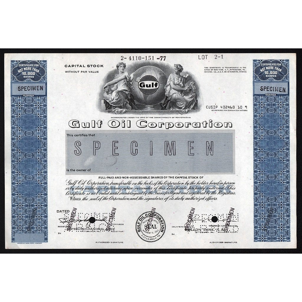 Gulf Oil Corporation (Specimen) Pennsylvania Stock Certificate