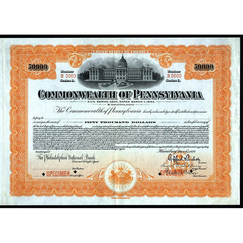 Commonwealth of Pennsylvania (Specimen) 1934 Stock Bond Certificate