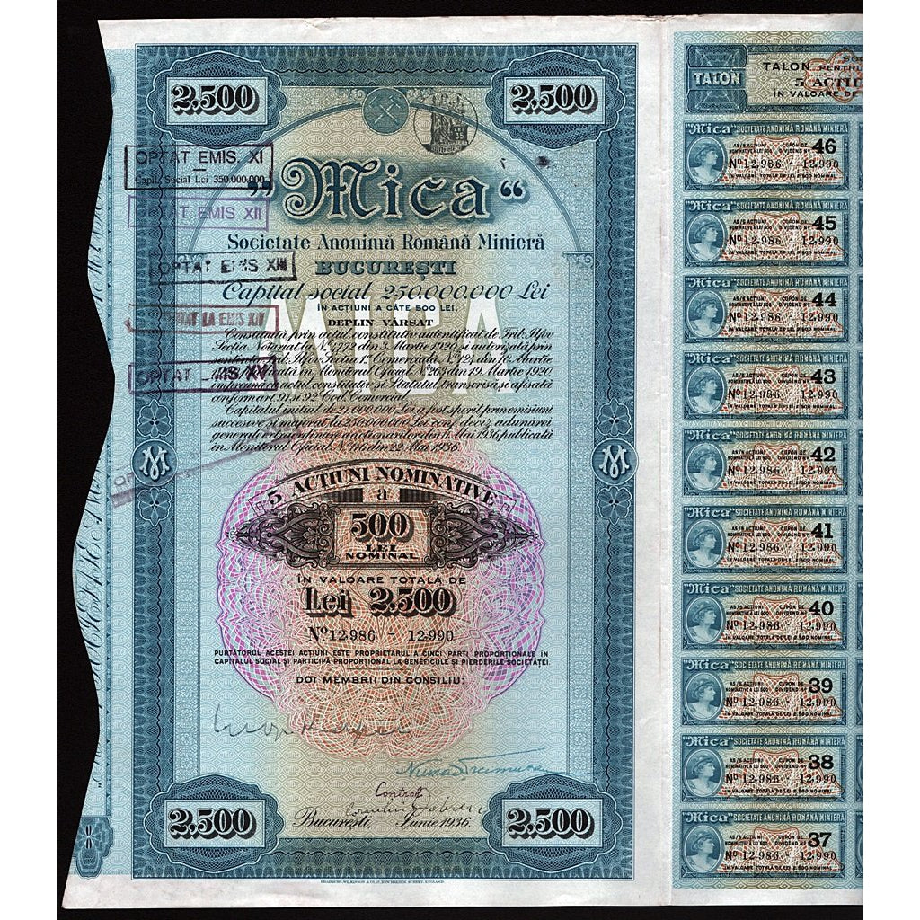 “Mica” Societate Anonima Romana Miniera 1936 Romania Stock Certificate
