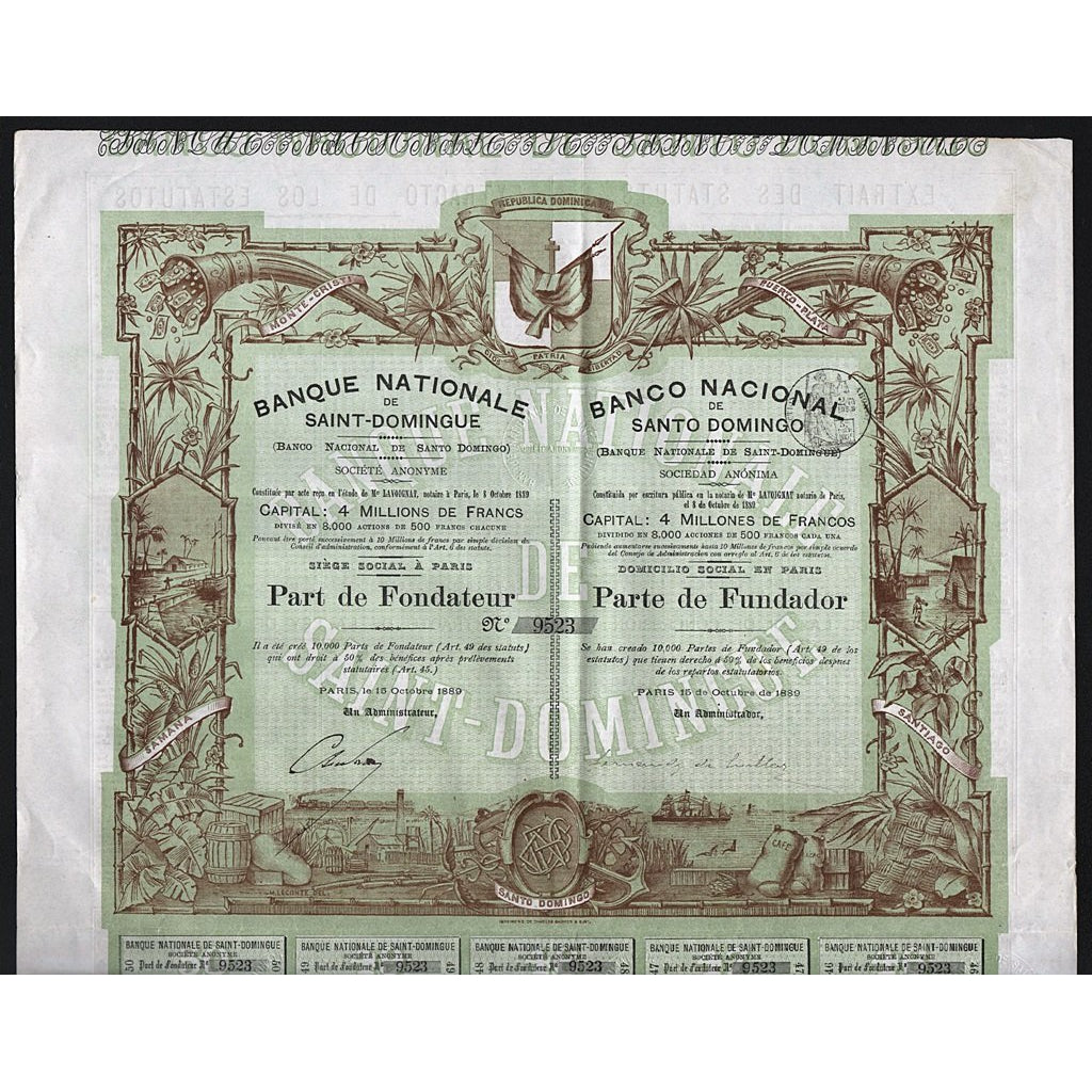 Banco Nacional de Santo Domingo 1889 Dominican Republic Stock Bond Certificate
