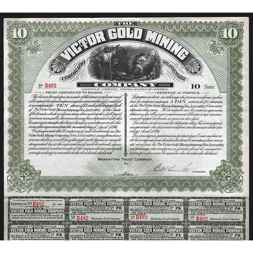 The Victor Gold Mining Company (Cripple Creek) 1898 Stock Certificate