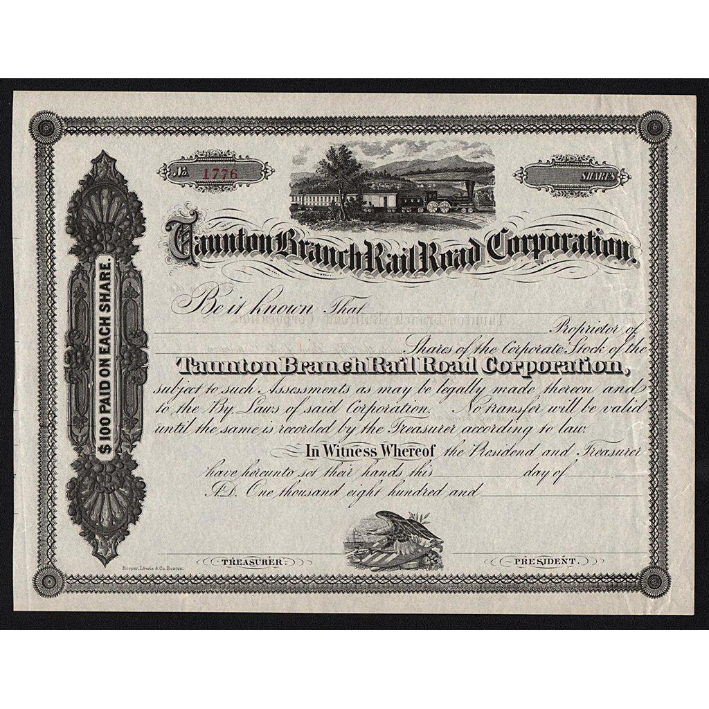 Taunton Branch Rail Road Corporation Stock Certificate