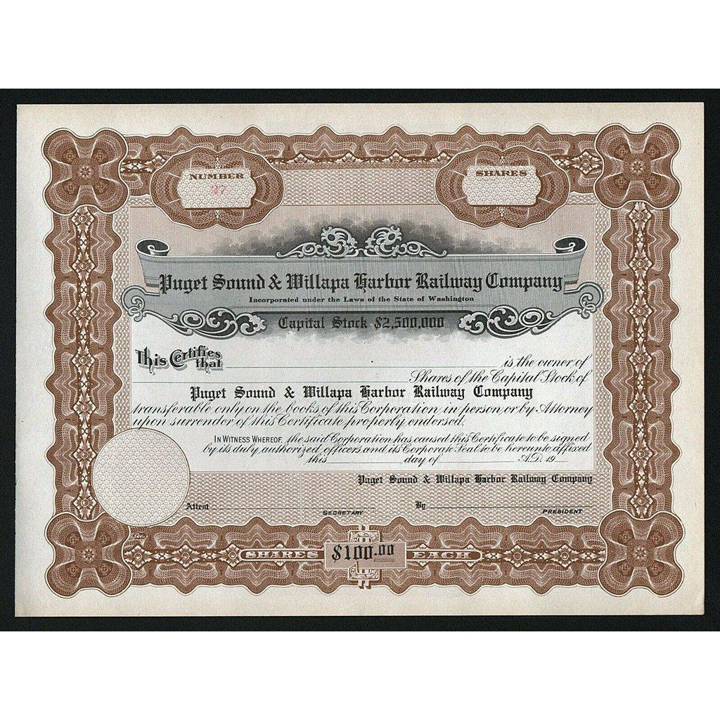 Puget Sound & Willapa Harbor Railway Company (Washington) Stock Certificate