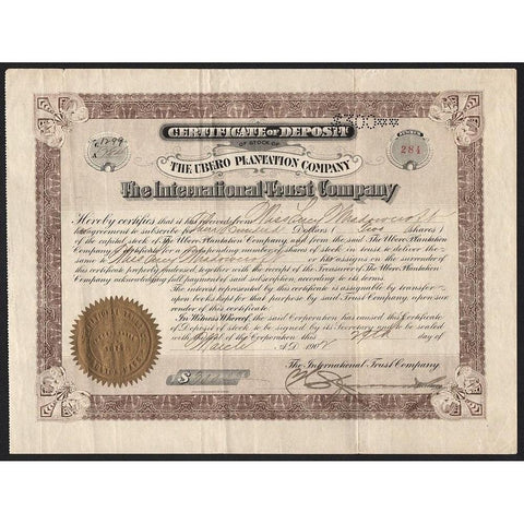 The Ubero Plantation Company, The International Trust Company Stock Certificate