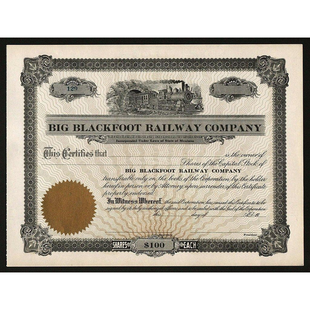 Big Blackfoot Railway Company (Montana) Stock Certificate