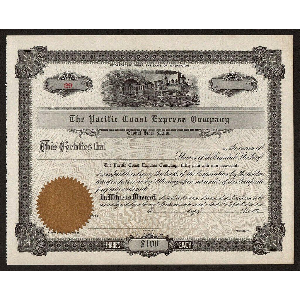 The Pacific Coast Express Company (Washington) Stock Certificate