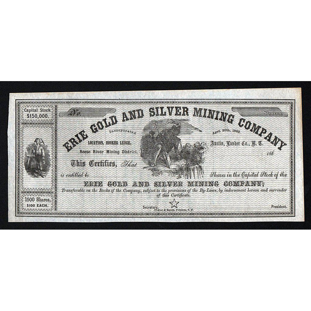 Erie Gold and Silver Mining Company Hooker Ledge, Reese River Mining District Stock Certificate
