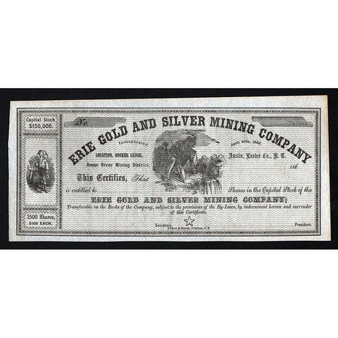 Erie Gold and Silver Mining Company Hooker Ledge, Reese River Mining District Stock Certificate