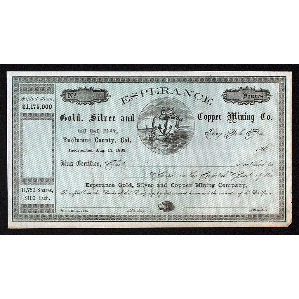 Esperance Gold, Silver and Copper Mining Company Big Oak Flat, Tuolumne County, California Stock Certificate