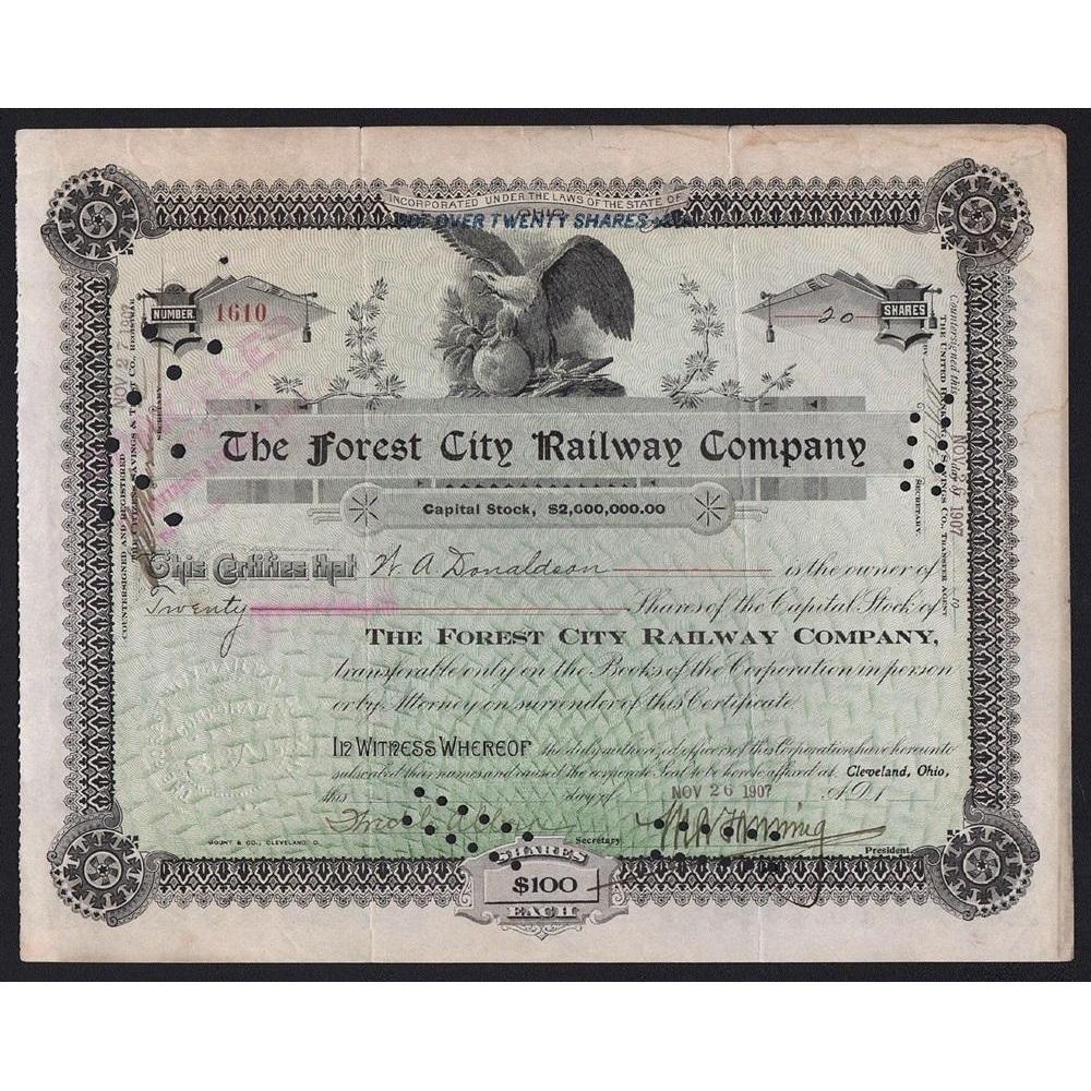 The Forest City Railway Company Stock Certificate