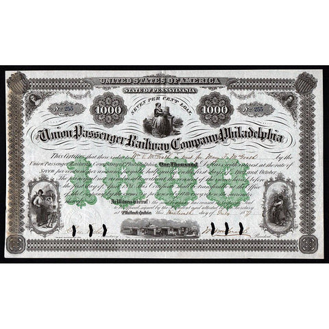 The Union Passenger Railway Company of Philadelphia 1877 Stock Bond Certificate