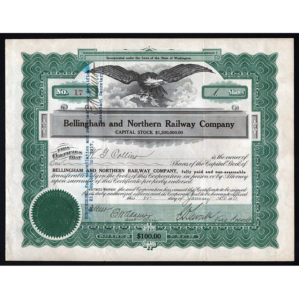 Bellingham and Northern Railway Company Washington Stock Certificate