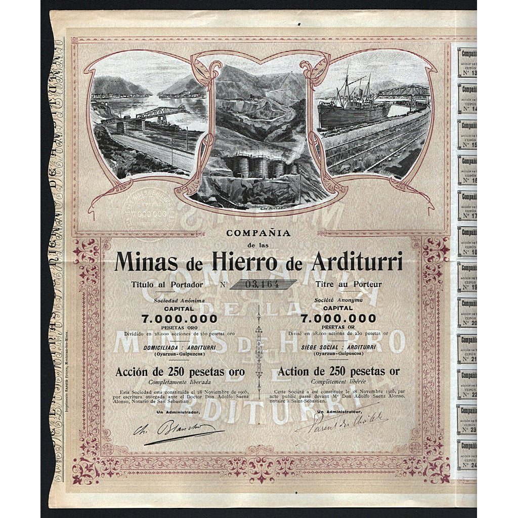 Compania de las Minas de Hierro de Arditurri 1905 Spain Stock Certificate