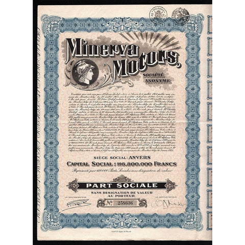Minerva Motors Societe Anonyme Automobiles 1931 Belgium Stock Certificate