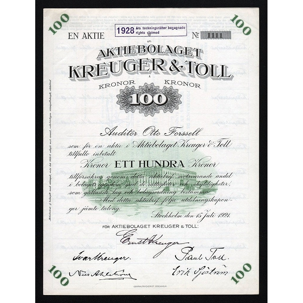 Aktiebolaget Kreuger & Toll 1921 Sweden Stock Certificate