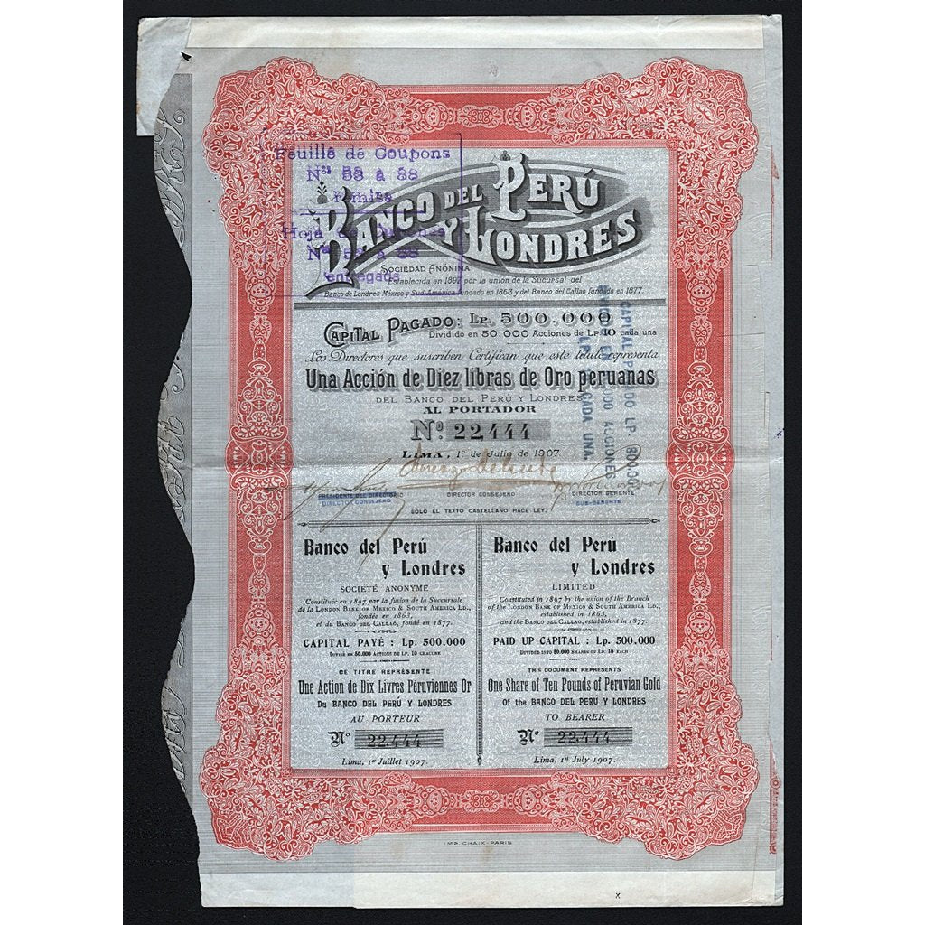 Banco del Peru y Londres Limited 1907 Stock Certificate
