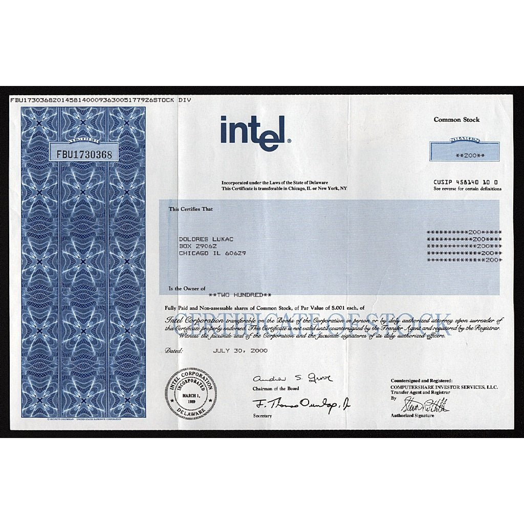 Intel Stock Certificate
