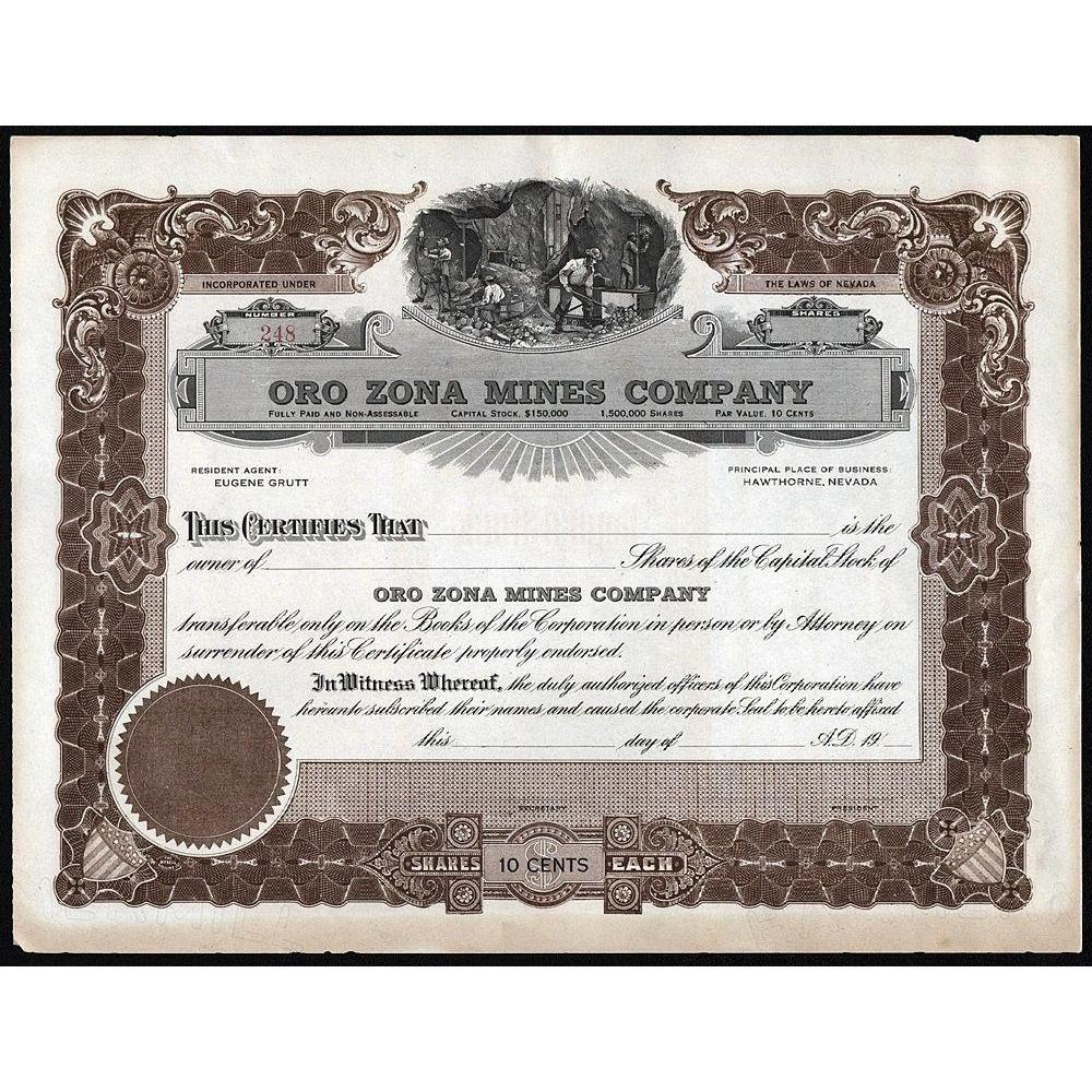 Oro Zona Mines Company Stock Certificate
