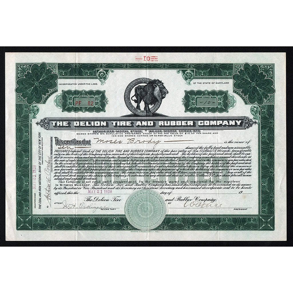 The Delion Tire and Rubber Company Maryland Stock Certificate