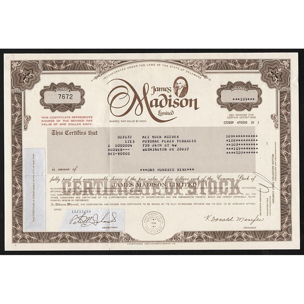 James Madison Limited Stock Certificate