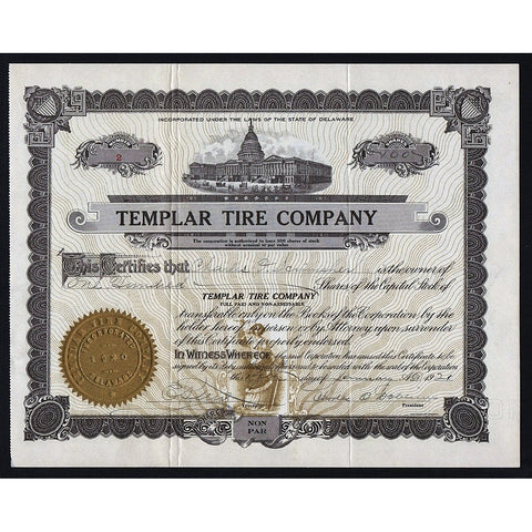 Templar Tire Company Stock Certificate