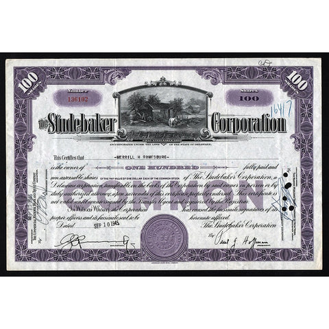 Studebaker Corporation 1945 Stock Certificate Automobiles