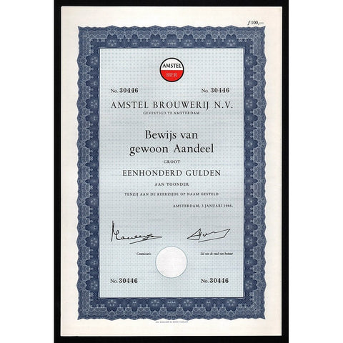 Amstel Brouwerij N.V. - Amstel Brewery Stock Certificate