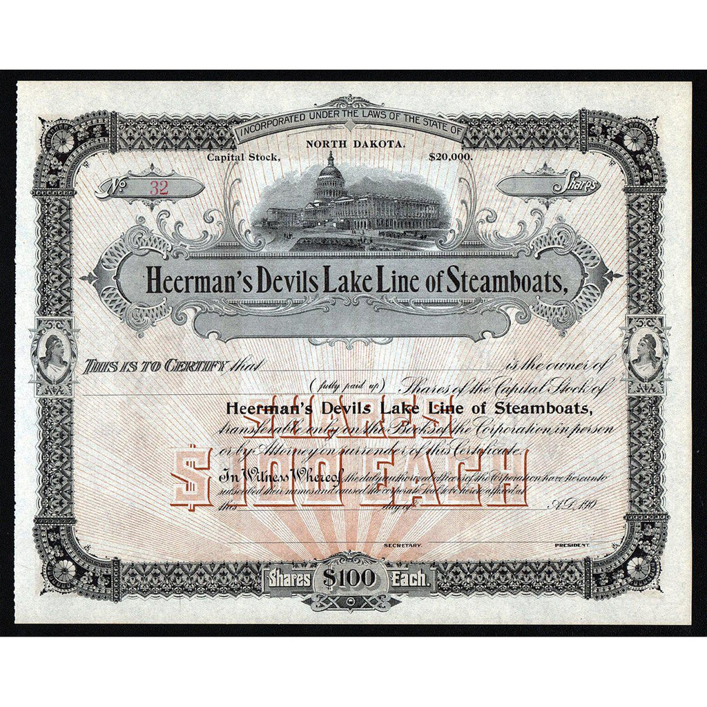 Heerman’s Devils Lake Line of Steamboats North Dakota Stock Certificate