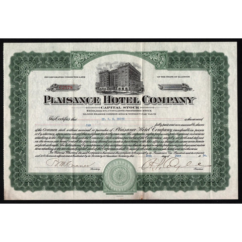 Plaisance Hotel Company (Illinois) Stock Certificate