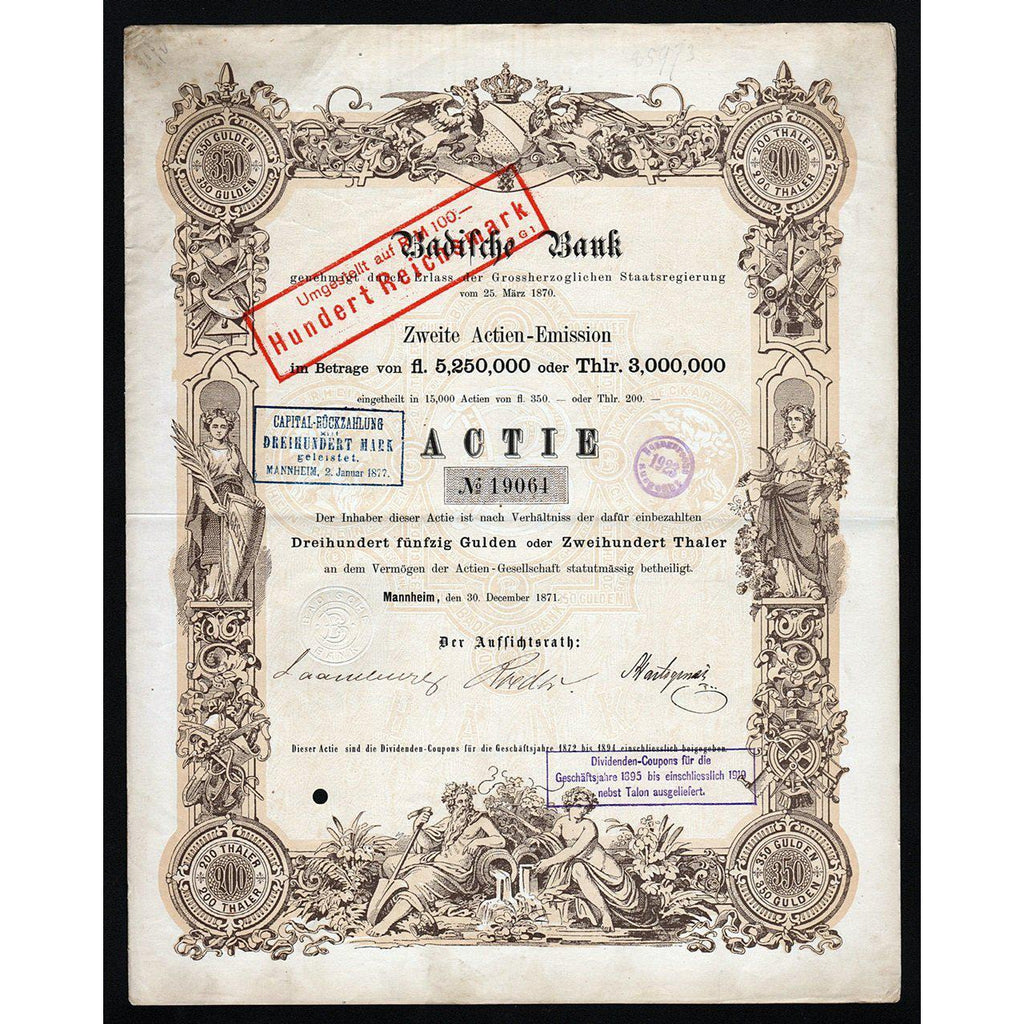 Badische Bank, 1871 Mannheim Germany Deutschland Stock Certificate
