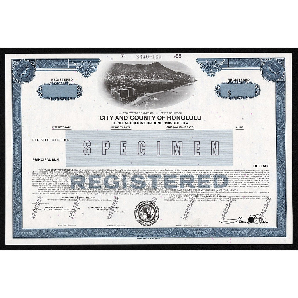 City and County of Honolulu (Specimen) Hawaii Stock Bond Certificate
