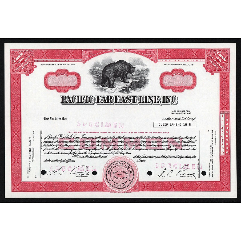 Pacific Far East Line, Inc. Specimen Stock Certificate