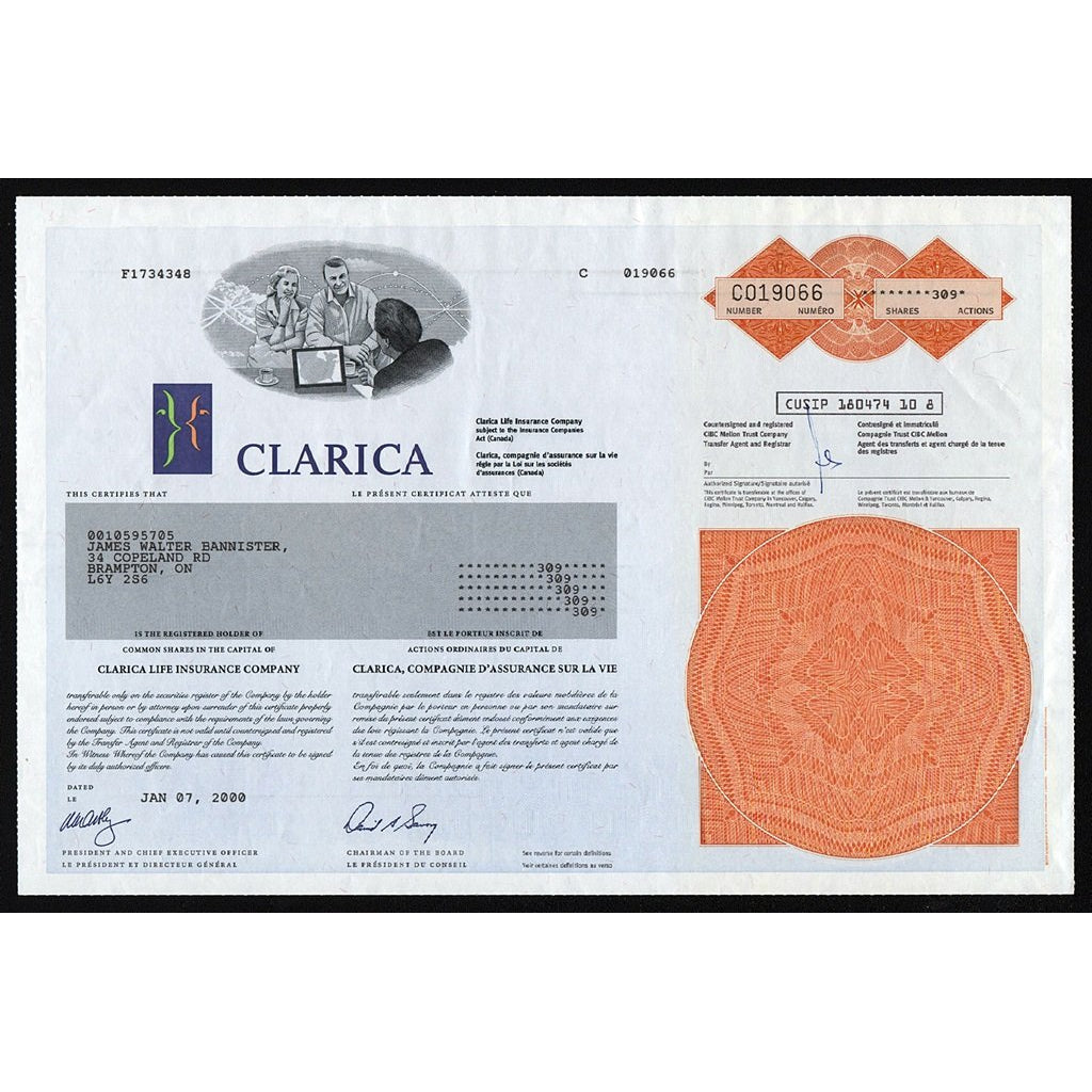Clarica Life Insurance Company Canada Stock Certificate – Artonpapers